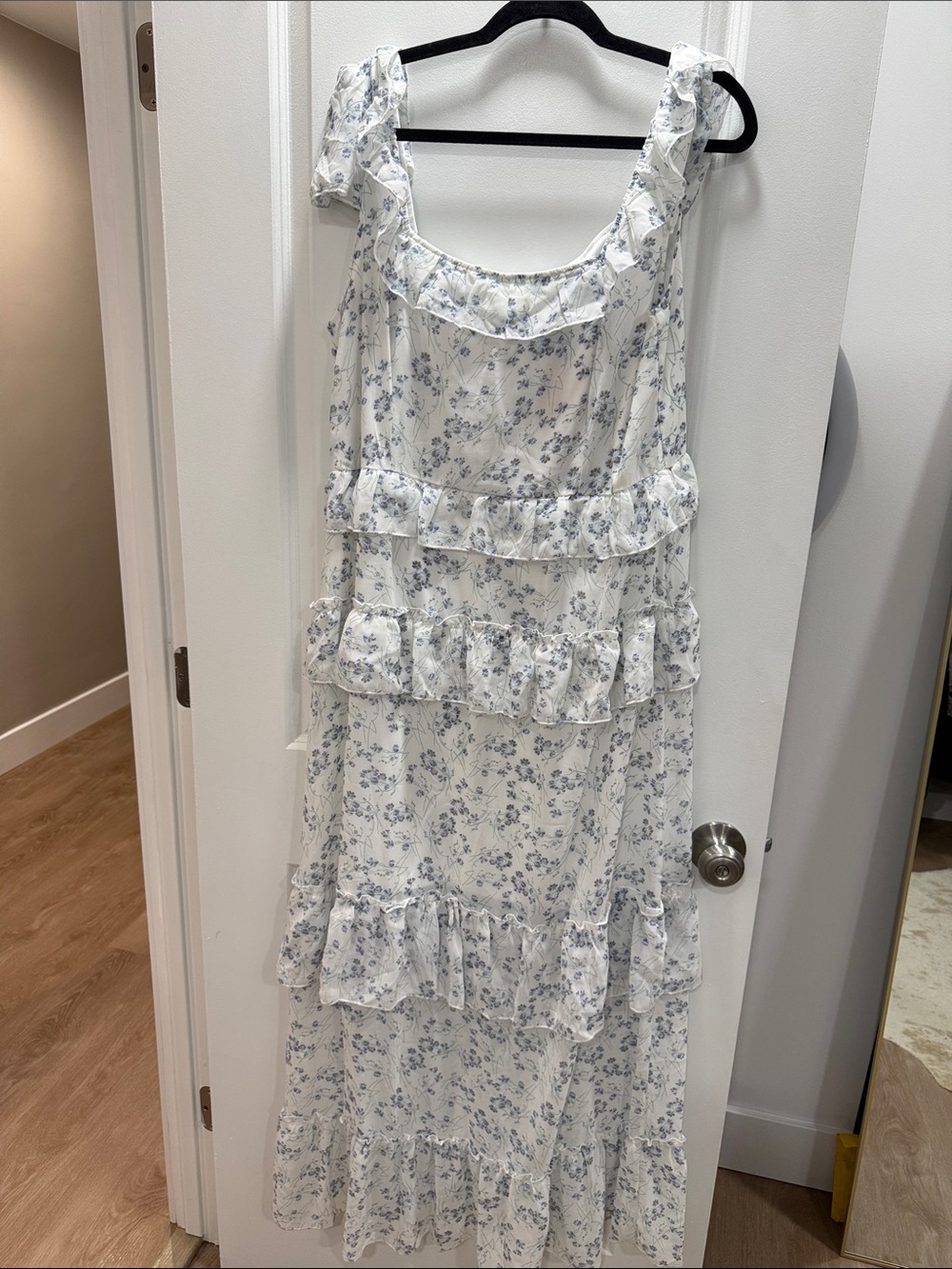 Missguided White Maxi Dress with Light Blue Floral Ruffle Tiers